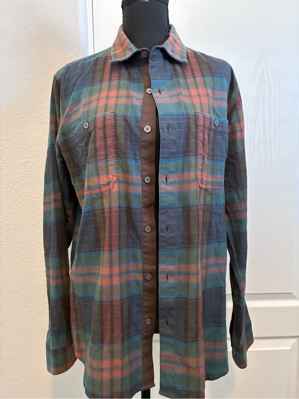Kuhl Fugitive Flannel Plaid Button-Up Shirt in Teal, Rust & Brown